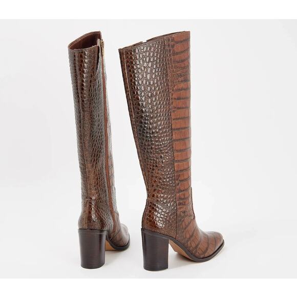 Vince Camuto NIB Pearlanie Rich Cocoa Glaze Croc Leather Knee High Heeled Boots - Picture 7 of 14